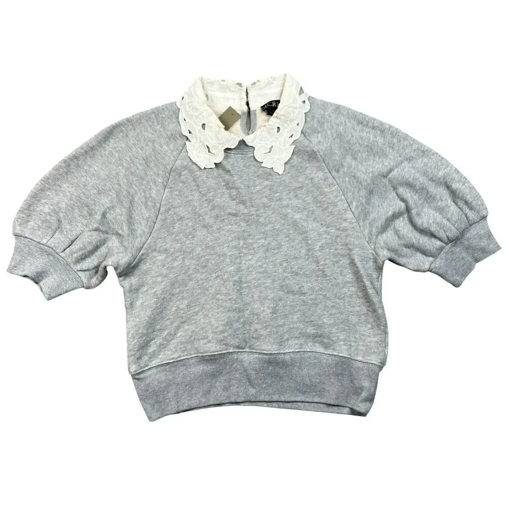 J Crew Eyelet Collar Sweatshirt Womens XS Gray Heritage Terry Puff Sleeve CS610